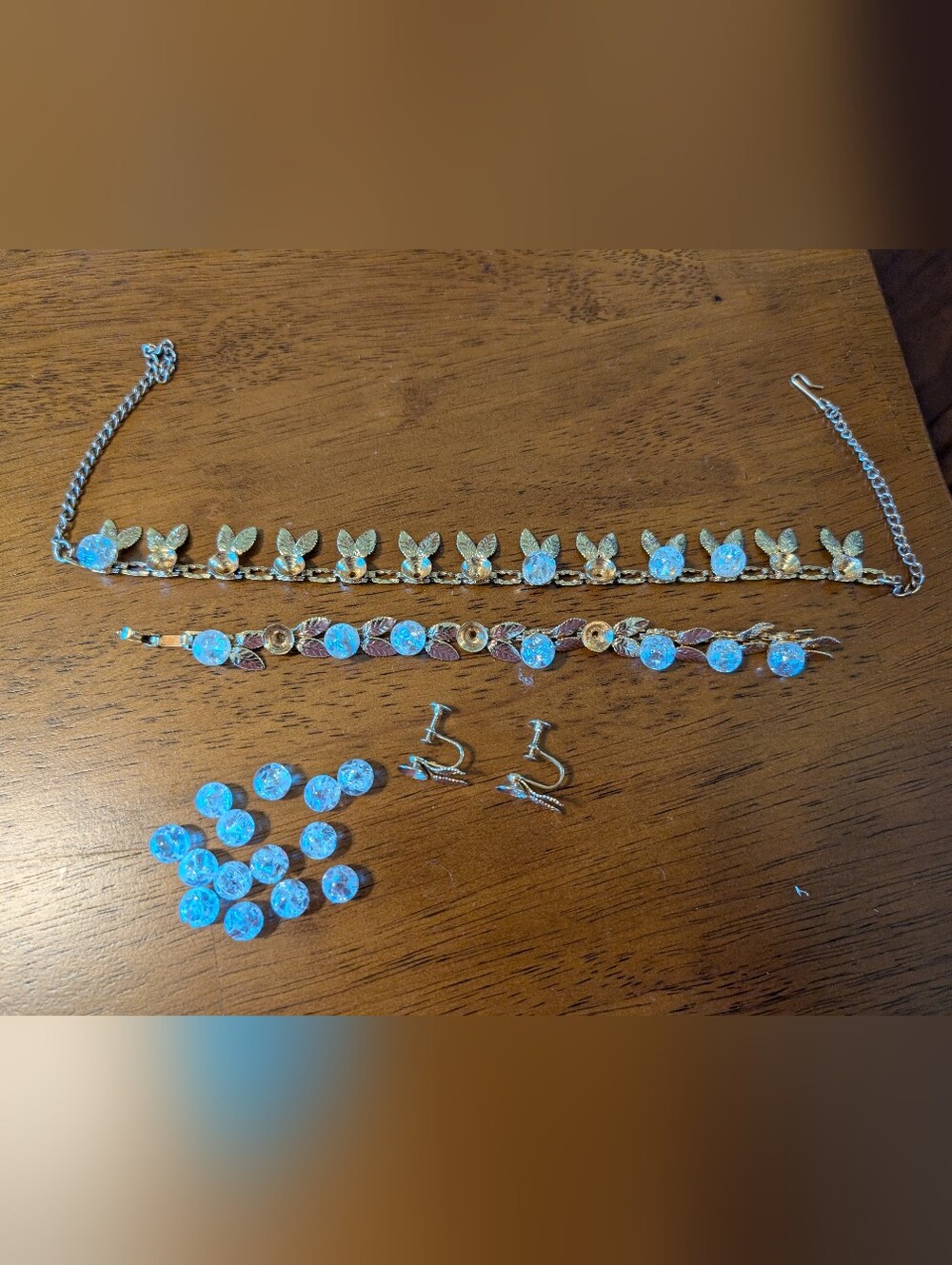Gold Leaflets With Clear Crystal Necklace, Earrings And Bracelet Set
